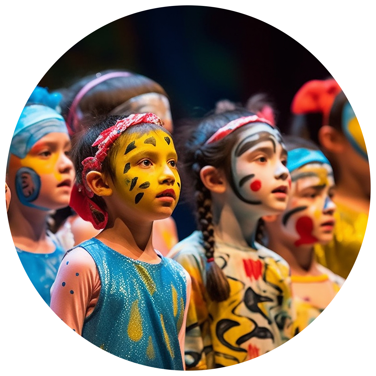 Children acting on stage in costume, enjoying performing arts activities.