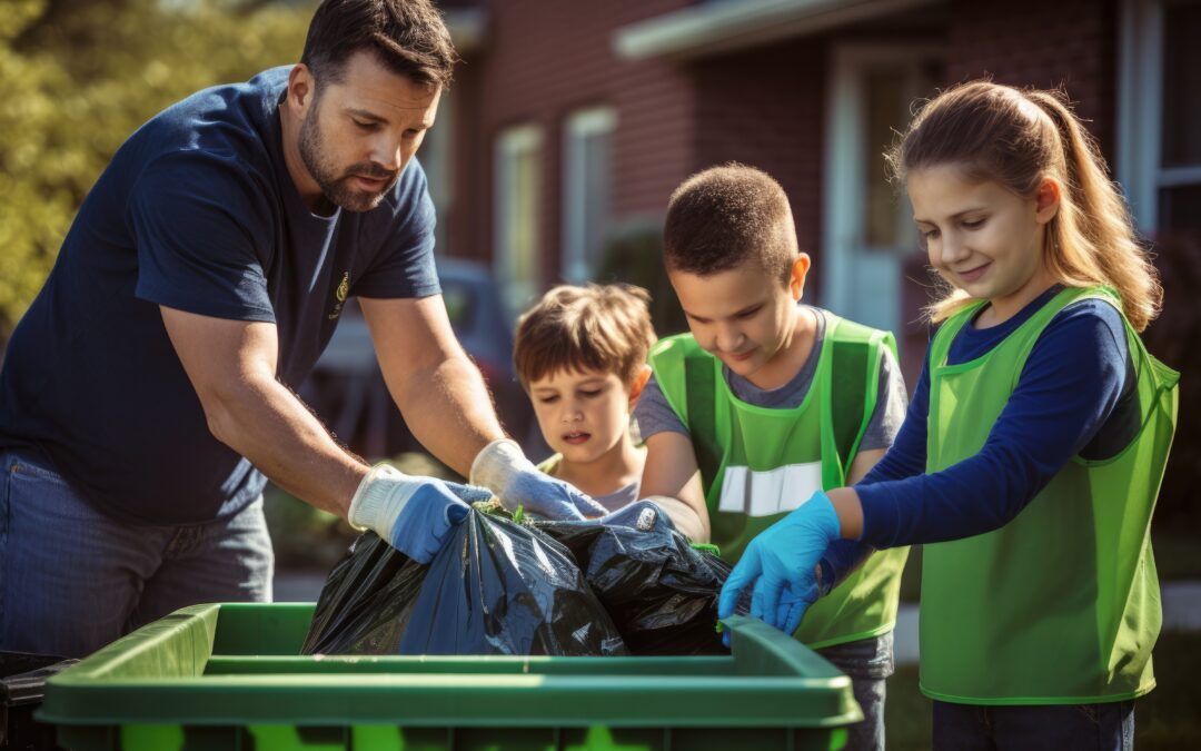 A family sorts recyclables in their yard. Parents educate kids about recycling, setting a positive eco-friendly example.