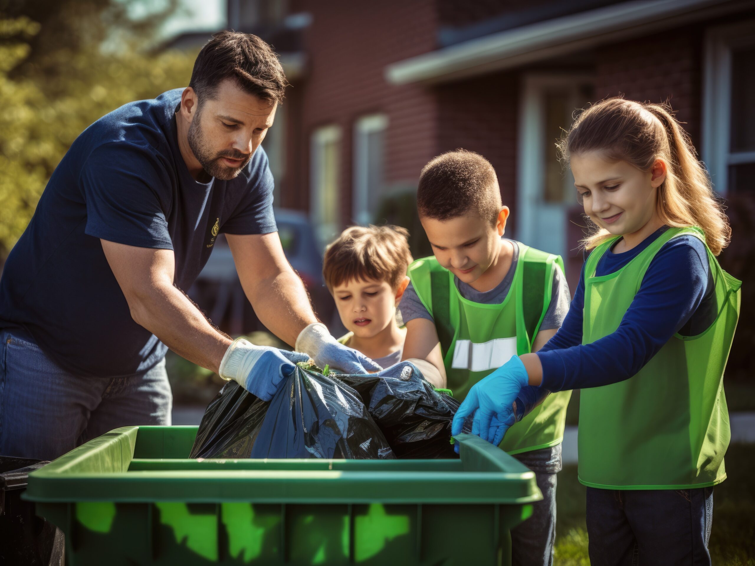 A family sorts recyclables in their yard. Parents educate kids about recycling, setting a positive eco-friendly example.